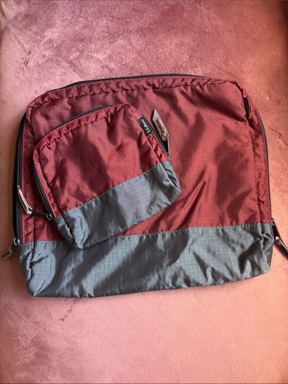 L.L. Bean Two-Tone Maroon and Gray Toiletry Pouch Set